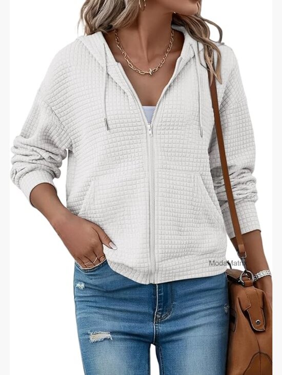 Tops - Zip Up Hoodie Oversized Waffle Sweatshirt Casual Jacket